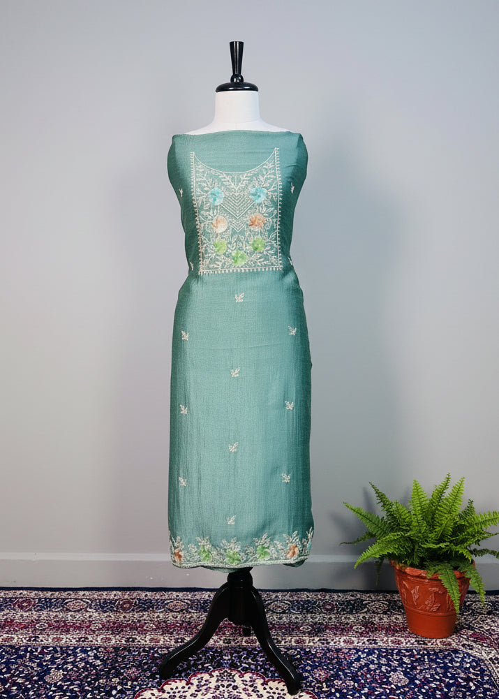 Green Semi-Crepe Dress Material with Elegant Thread Work
