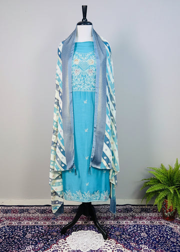 Turquoise Semi-Crepe Dress Material with Elegant Thread Work