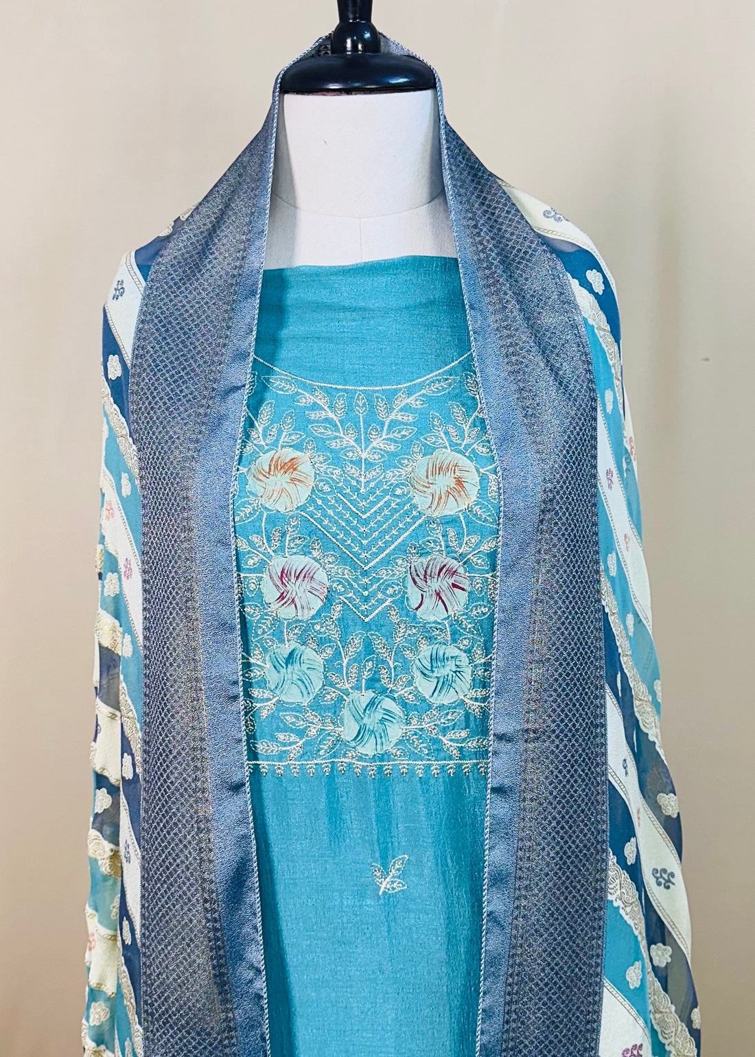 Turquoise Semi-Crepe Dress Material with Elegant Thread Work