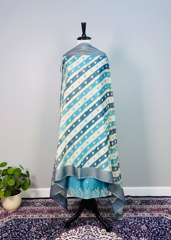 Turquoise Semi-Crepe Dress Material with Elegant Thread Work