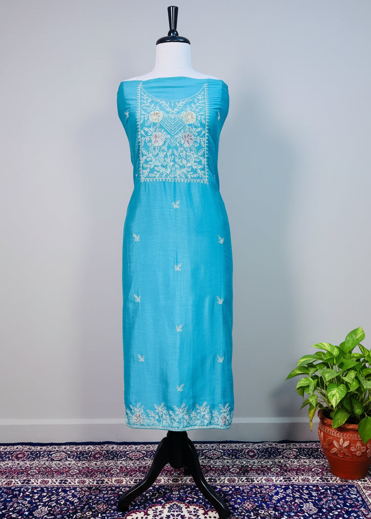 Turquoise Semi-Crepe Dress Material with Elegant Thread Work