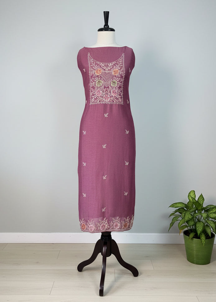 Wine Semi-Crepe Dress Material with Elegant Thread Work