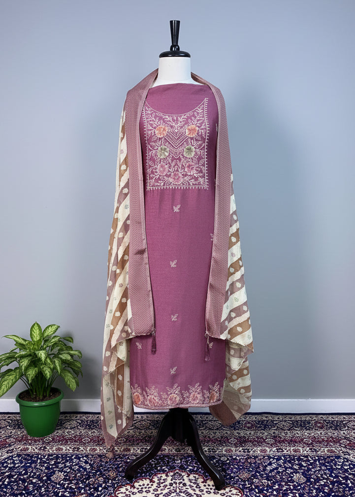 Wine Semi-Crepe Dress Material with Elegant Thread Work
