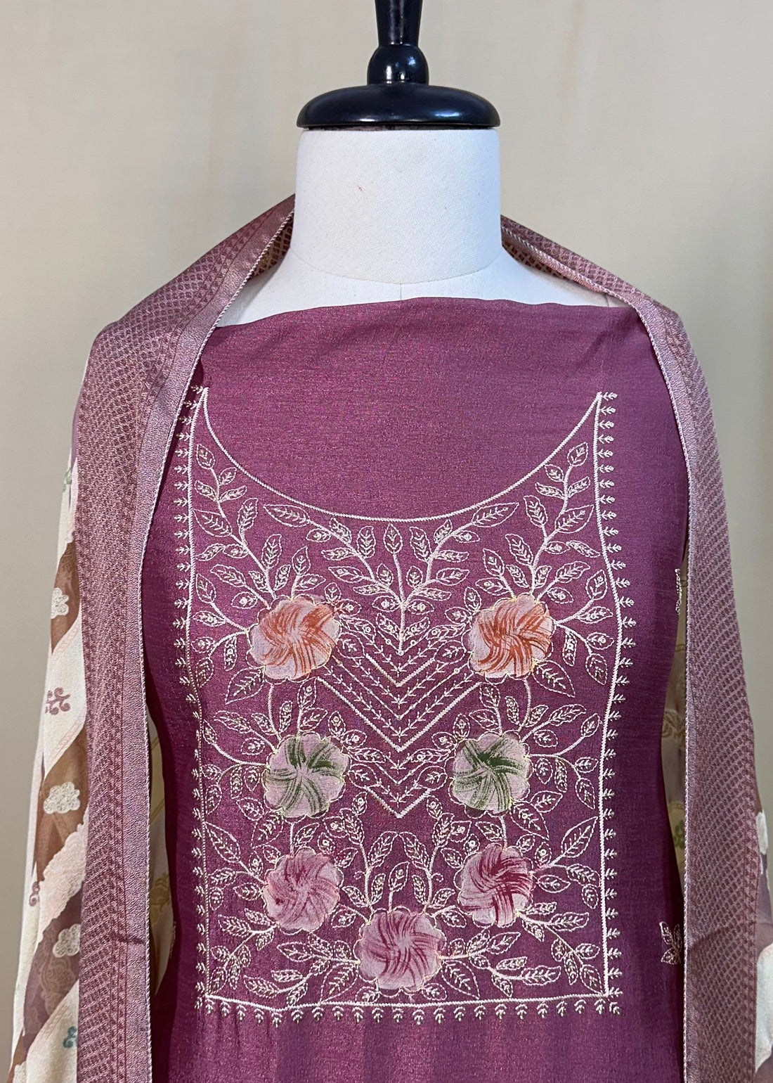 Wine Semi-Crepe Dress Material with Elegant Thread Work