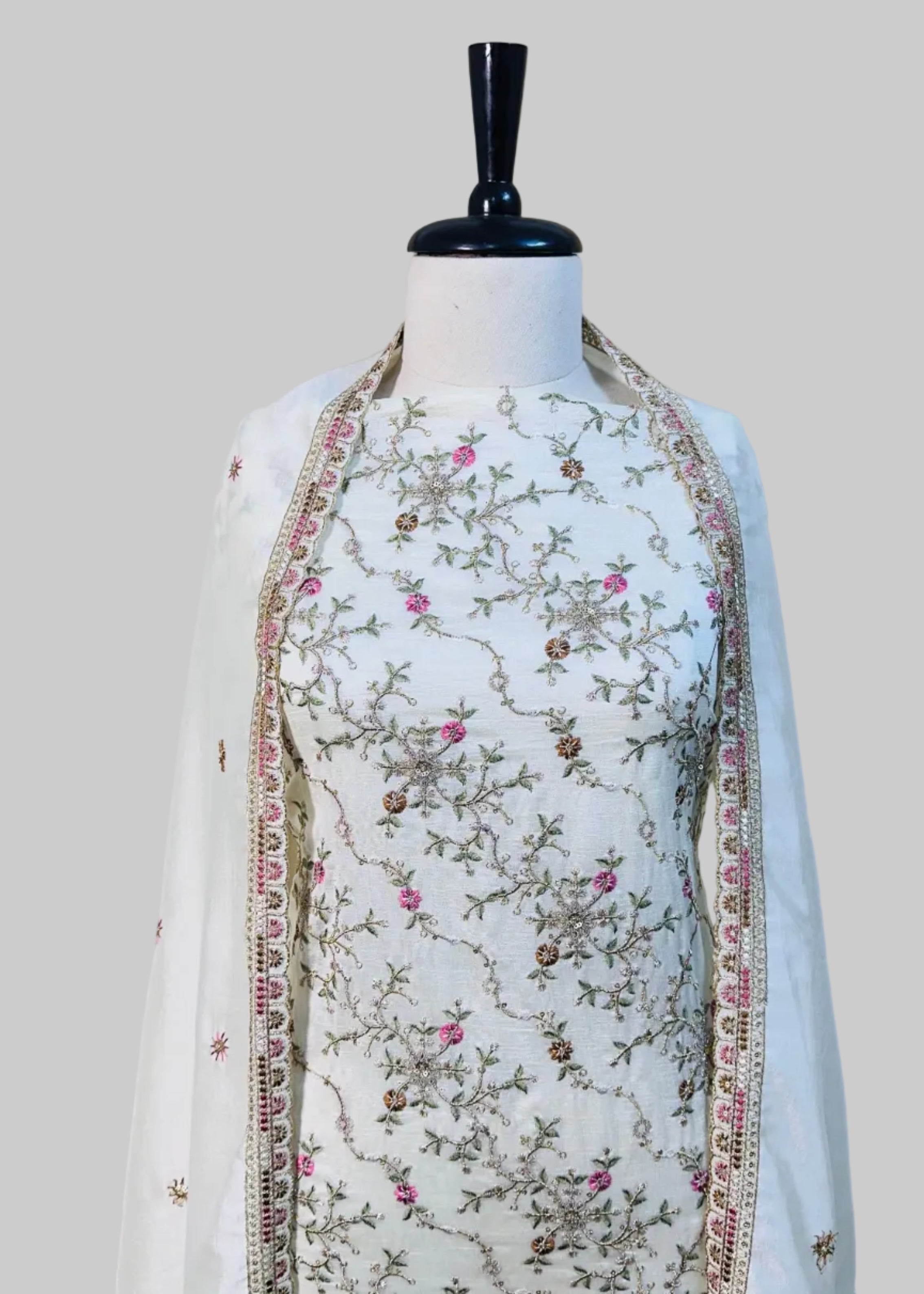 White Semi-Crepe Dress Material with Floral Threadwork & Sequin Detailing