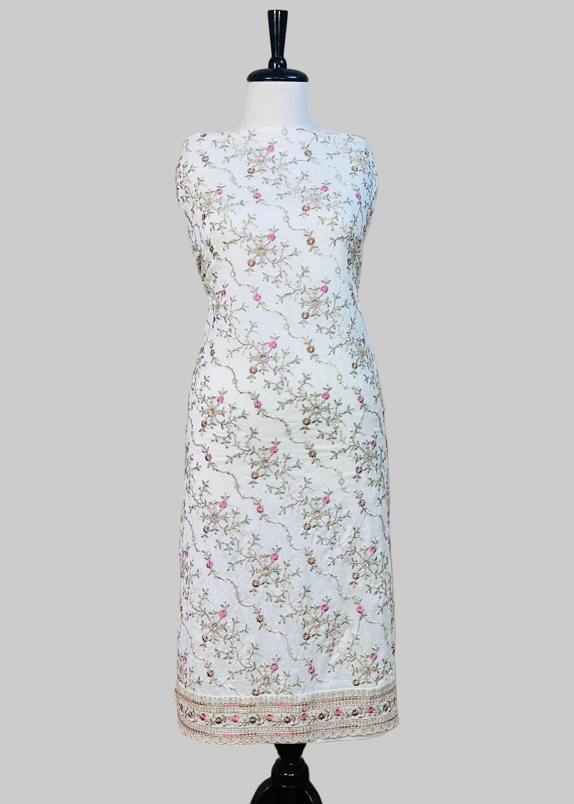 White Semi-Crepe Dress Material with Floral Threadwork & Sequin Detailing