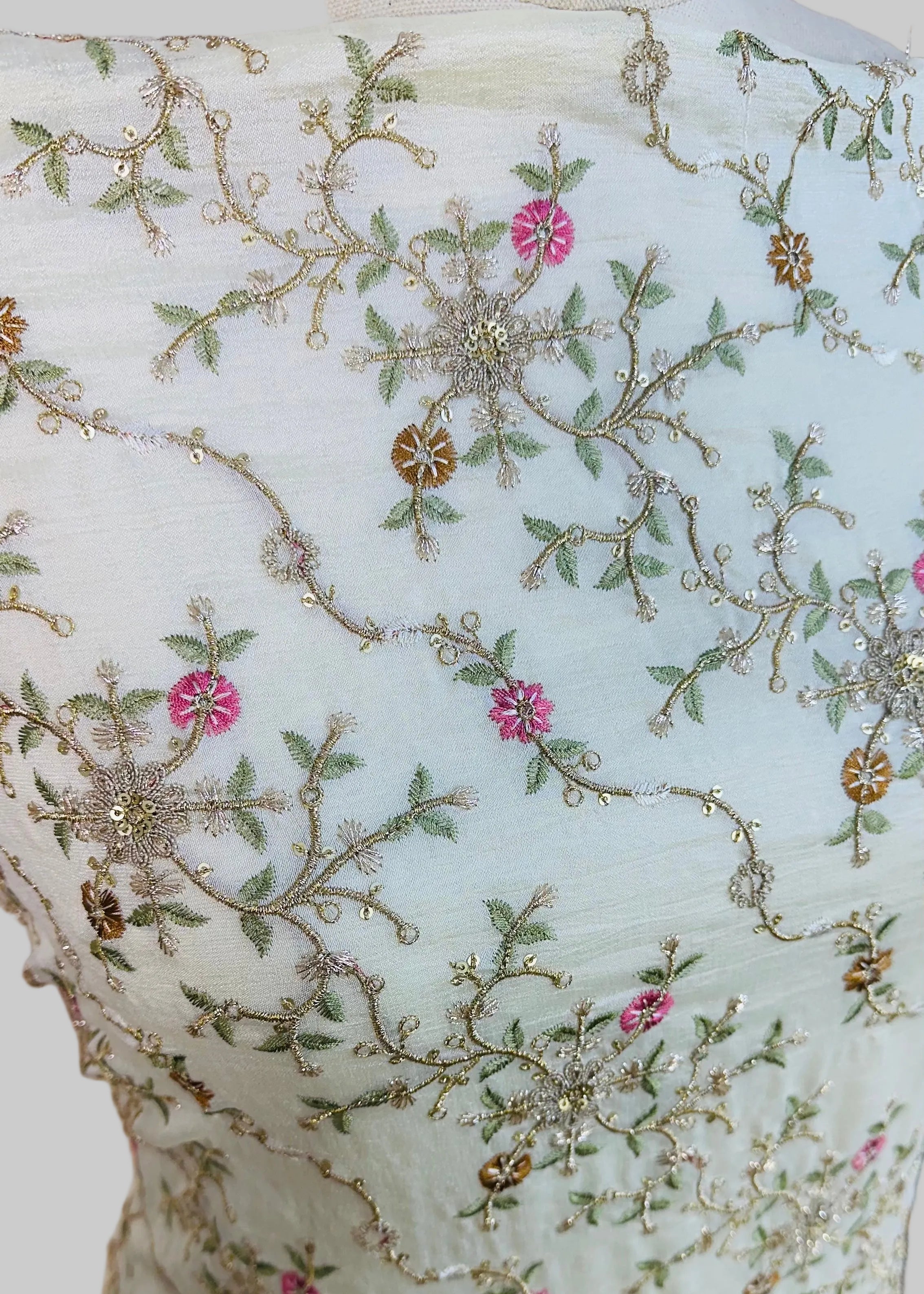 White Semi-Crepe Dress Material with Floral Threadwork & Sequin Detailing