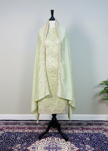 Light Green Semi-Crepe Dress Material with Floral Threadwork & Sequin Detailing