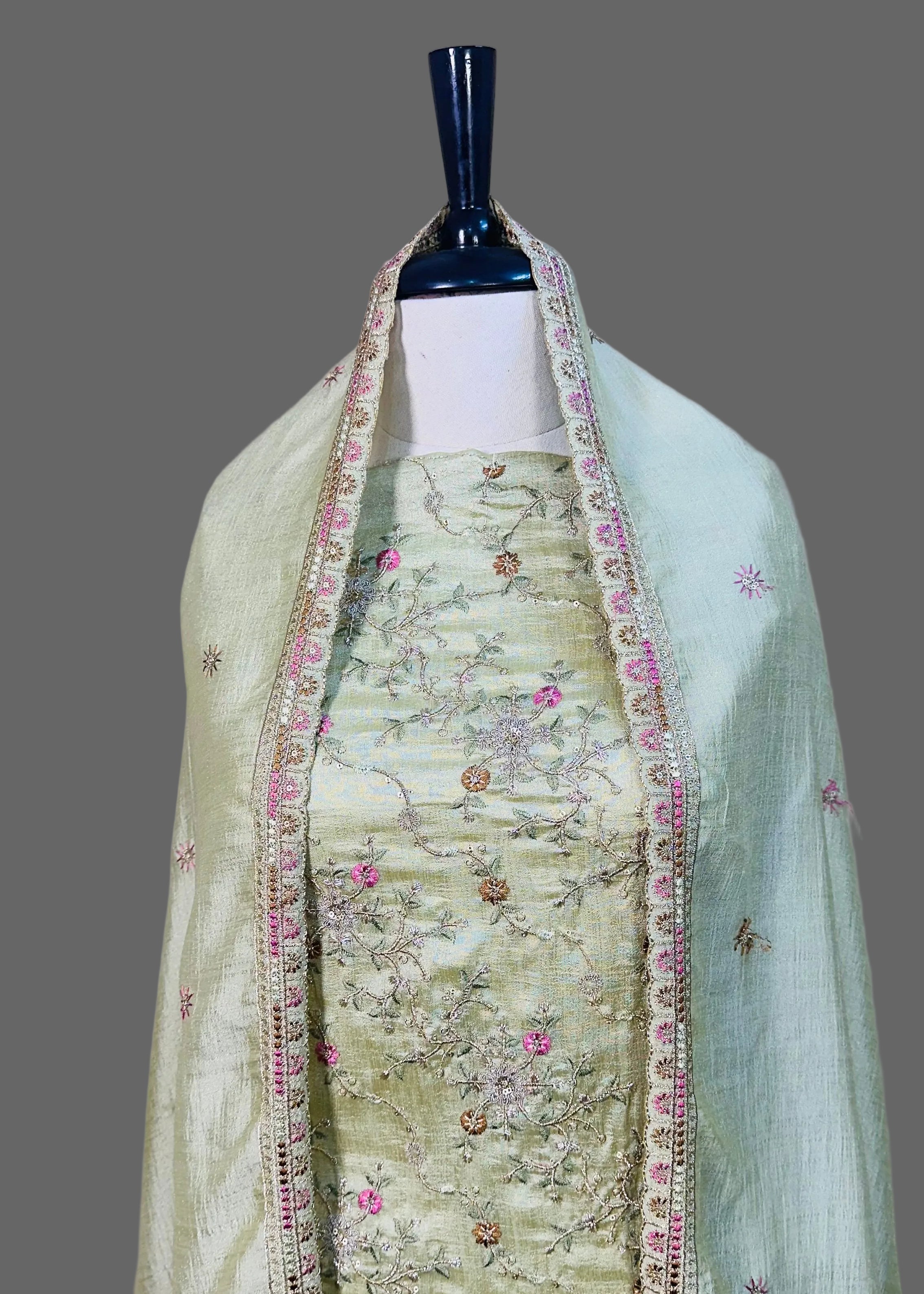 Light Green Semi-Crepe Dress Material with Floral Threadwork & Sequin Detailing