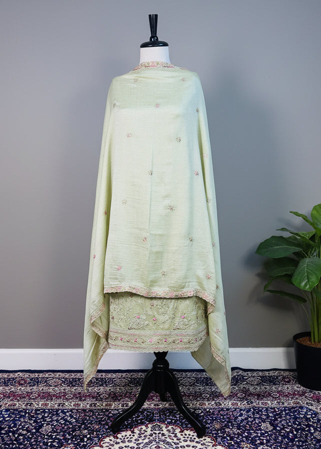 Light Green Semi-Crepe Dress Material with Floral Threadwork & Sequin Detailing