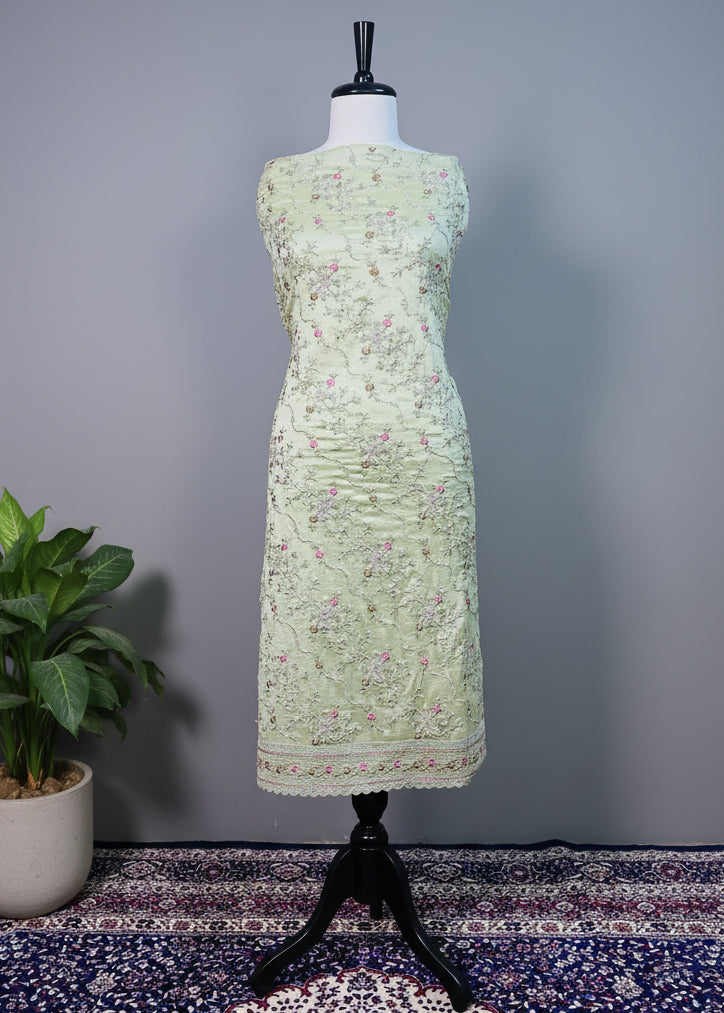 Light Green Semi-Crepe Dress Material with Floral Threadwork & Sequin Detailing
