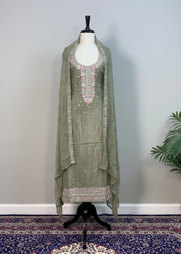 Pastel Green Shimmer Crepe Dress Material with Zari, Pearl & Sequin Work