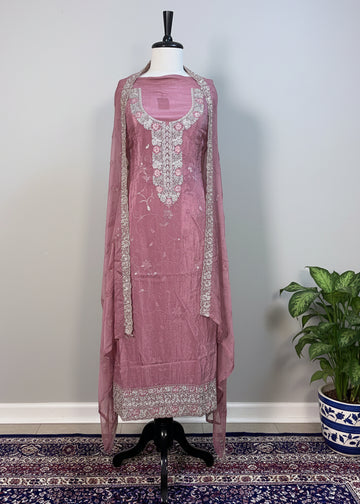 Pastel Maroon Shimmer Crepe Dress Material with Zari, Pearl & Sequin Work