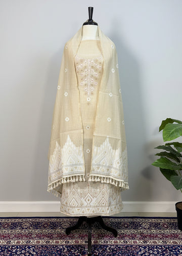 Fawn Colour Chanderi Dress Material with Golden Thread & Sequin Work