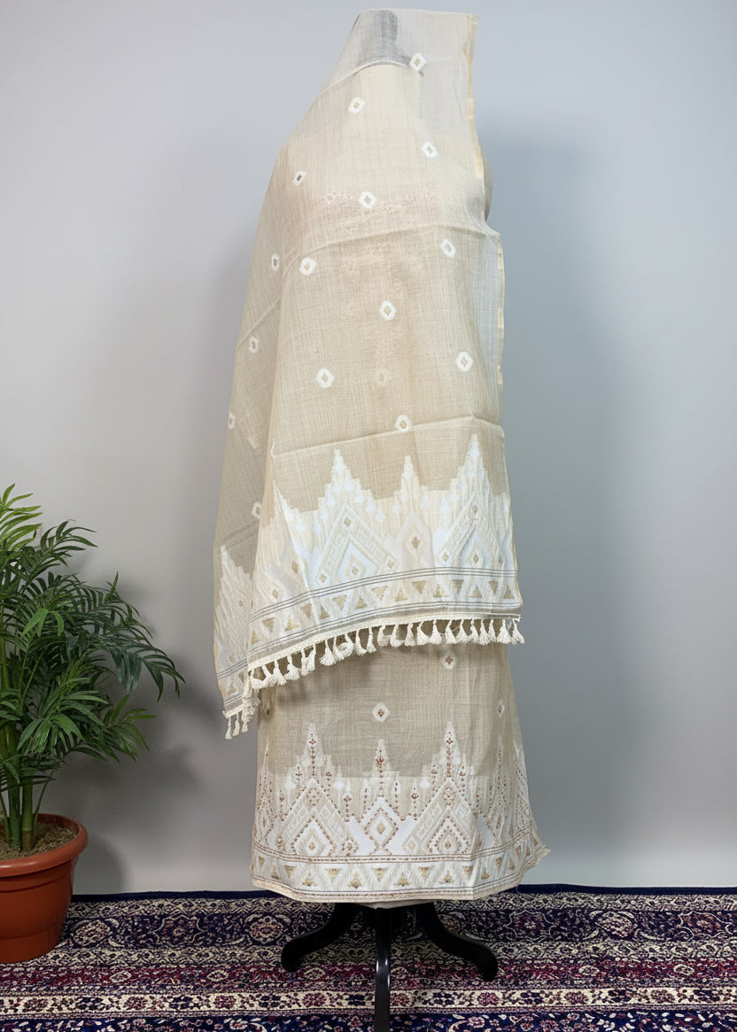 Fawn Colour Chanderi Dress Material with Golden Thread & Sequin Work