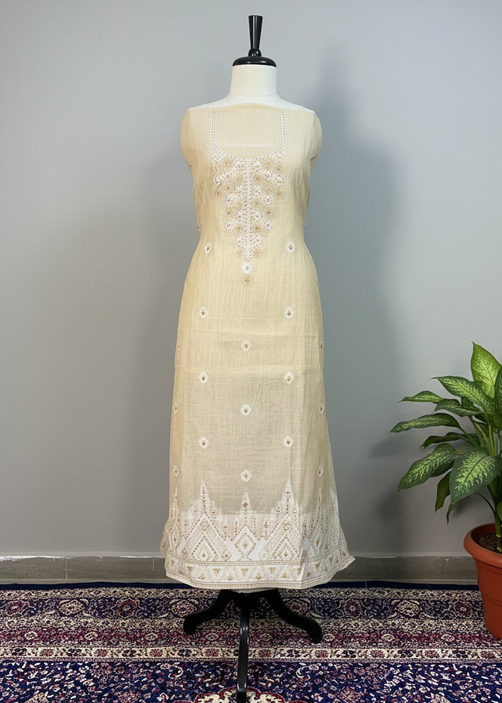 Fawn Colour Chanderi Dress Material with Golden Thread & Sequin Work