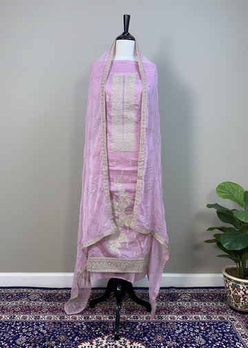 Pink Chanderi Dress Material with Golden Zari, Resham Thread & Pearl Work