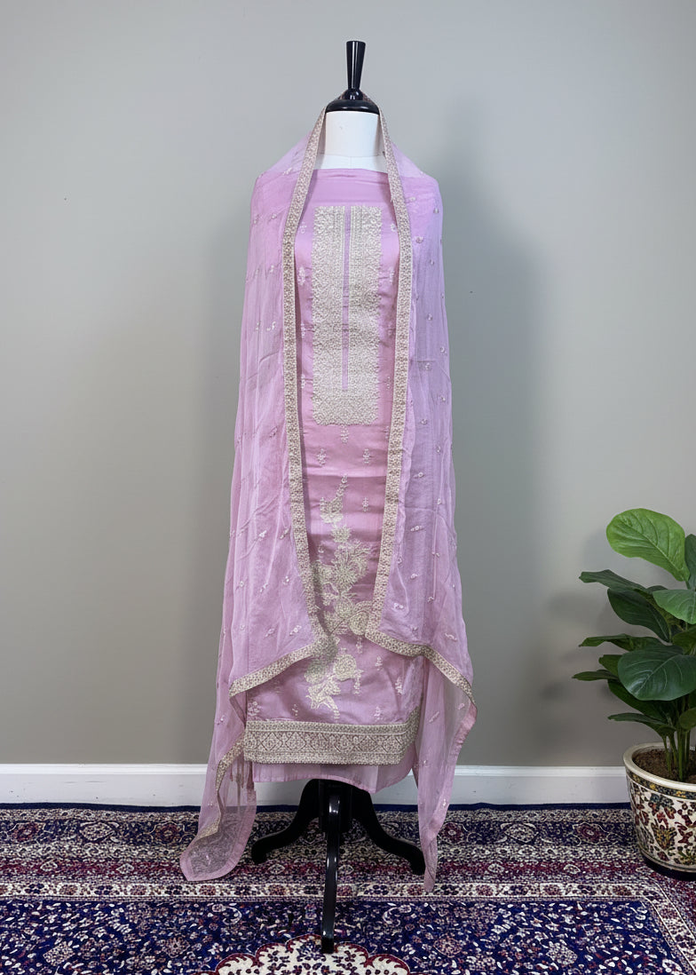 Pink Chanderi Dress Material with Golden Zari, Resham Thread & Pearl Work