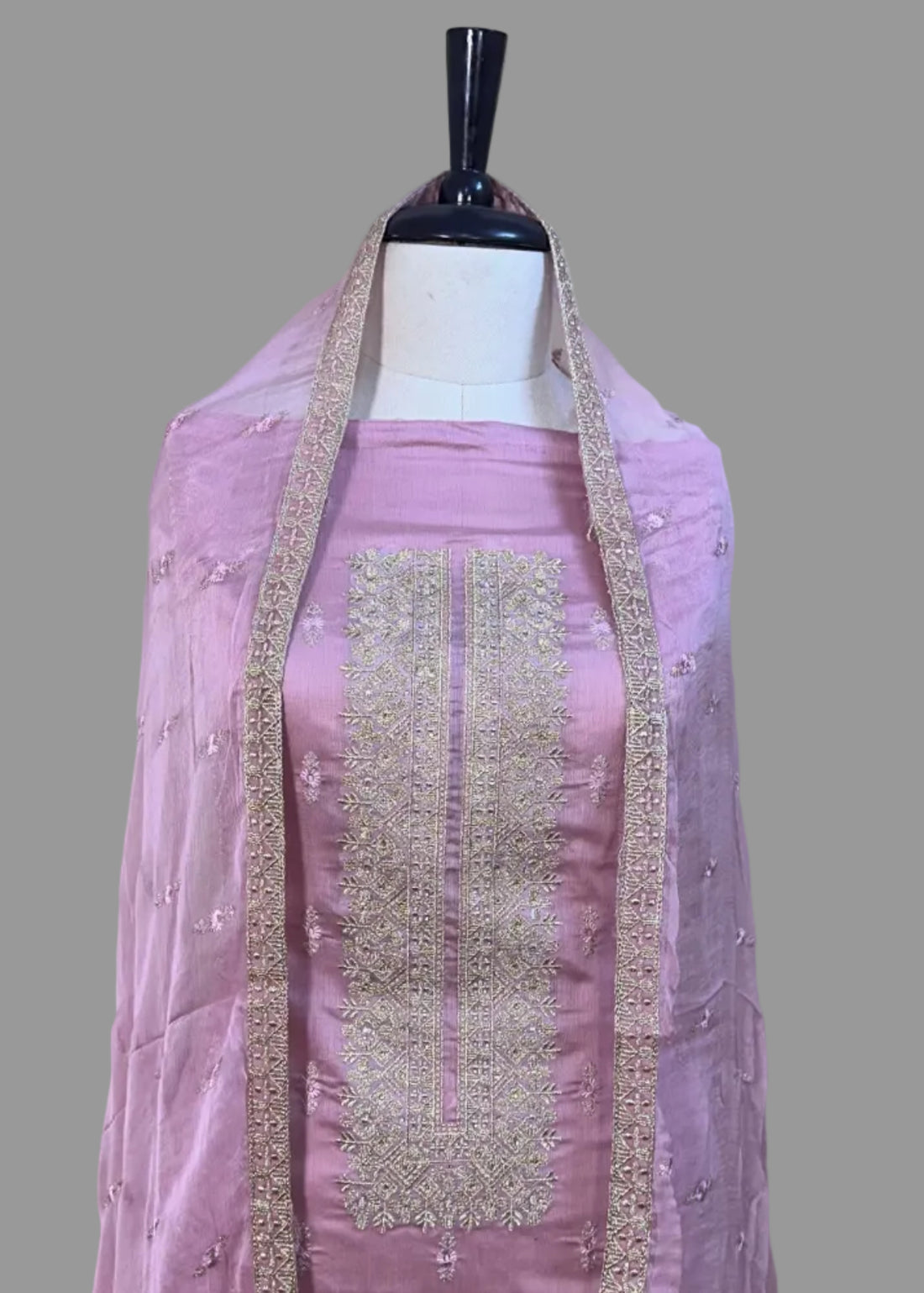 Pink Chanderi Dress Material with Golden Zari, Resham Thread & Pearl Work