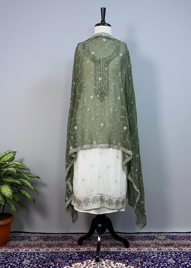 Creme-Green Premium Crepe Dress Material with Cutdana, Sequin & Thread Work
