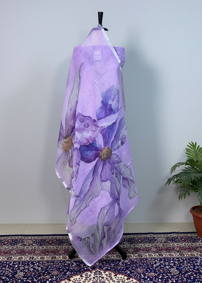 Purple floral scarf on a mannequin against a beige curtain background