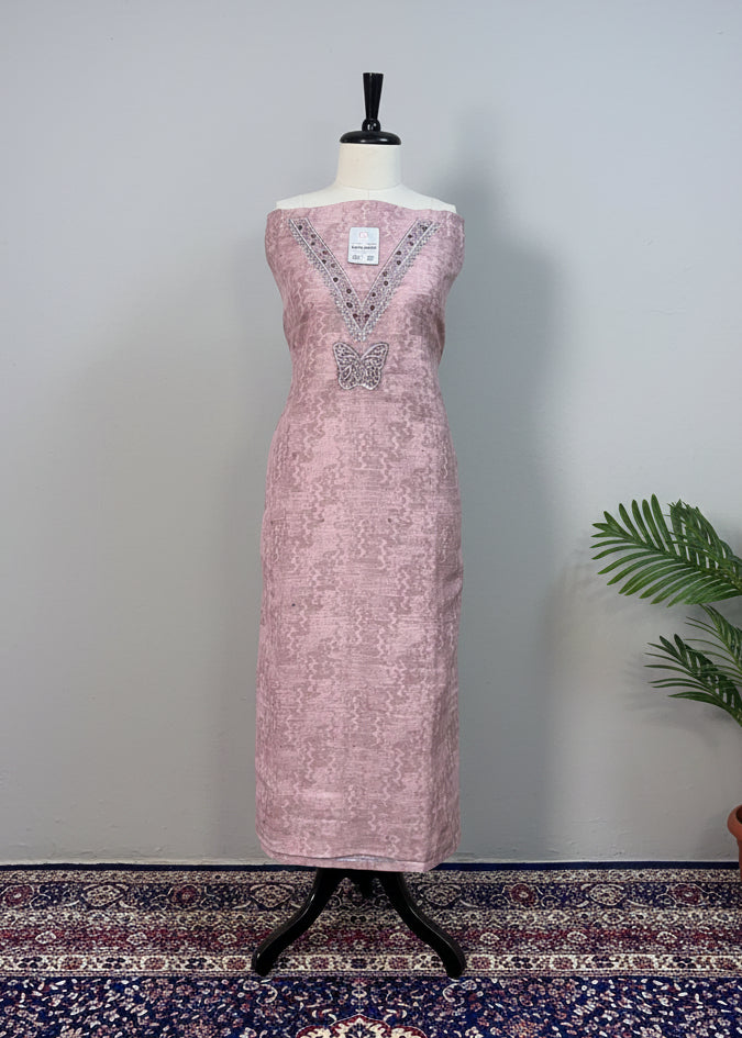 Peach Colour Silk Linen Blend Dress Material with Cutdana, Pearl & Dabka Work
