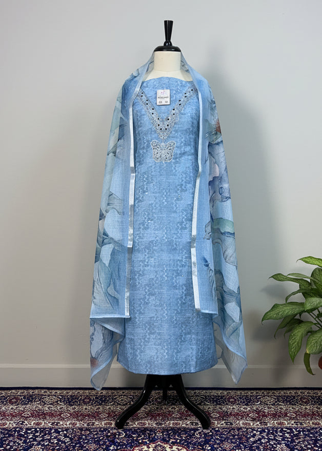 Blue Silk Linen Blend Dress Material with Cutdana, Pearl & Dabka Work
