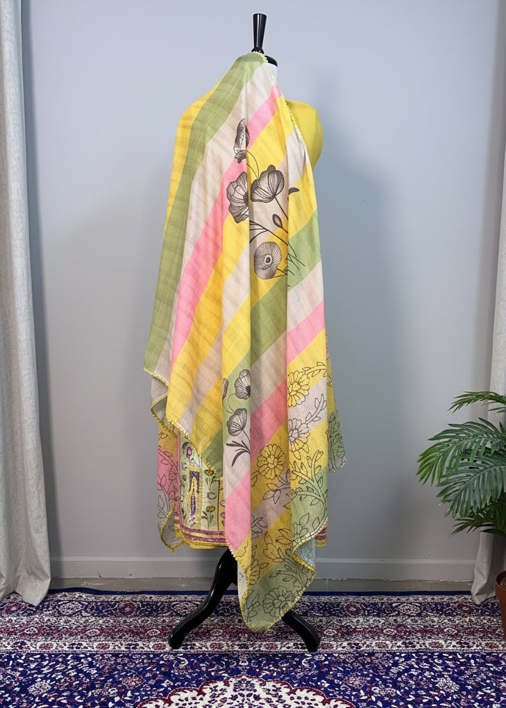 Colorful scarf on a mannequin against a plain background
