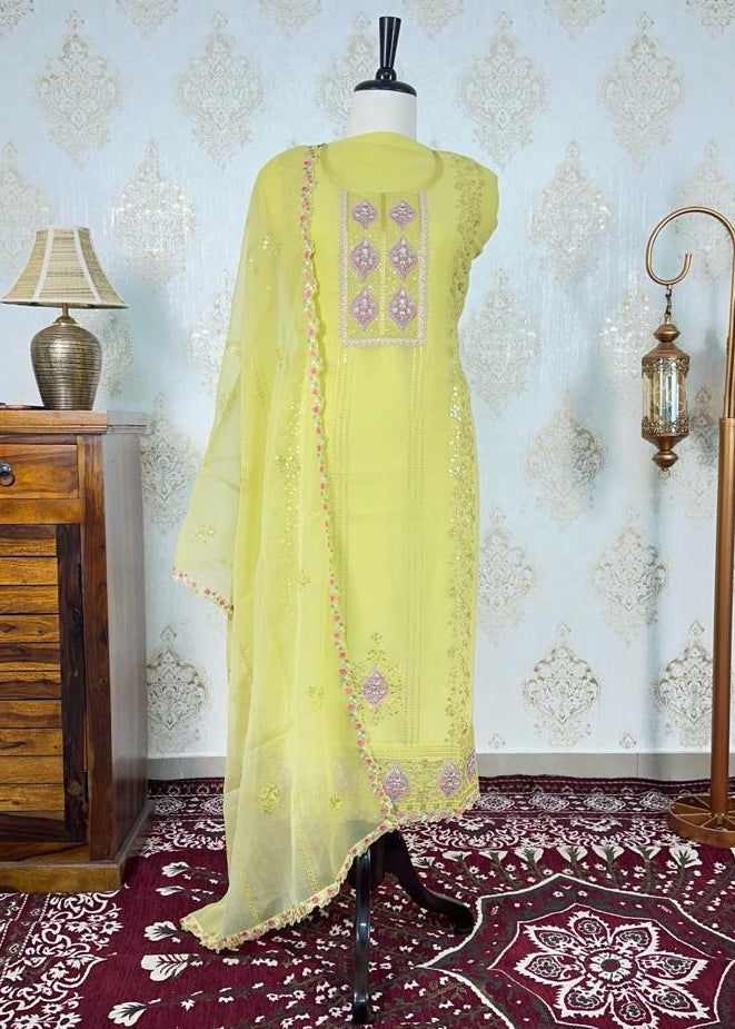 Yellow Chiffon Thread and Sequins Work Dress Material