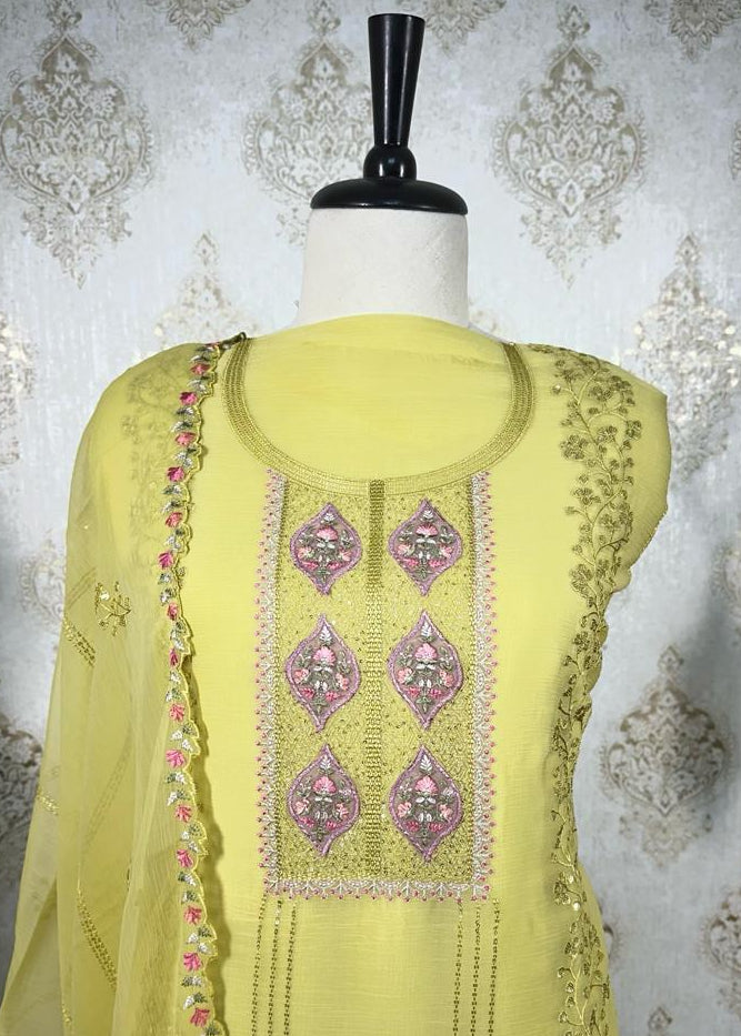 Yellow Chiffon Thread and Sequins Work Dress Material