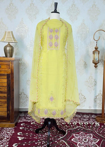 Yellow Chiffon Thread and Sequins Work Dress Material