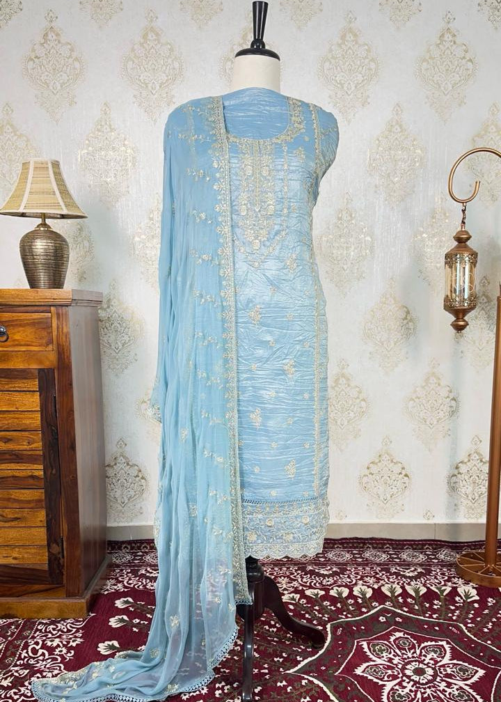 Blue Cursh Tissue Zari Work Dress Material