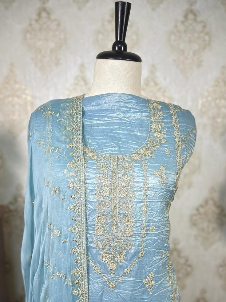 Blue Cursh Tissue Zari Work Dress Material