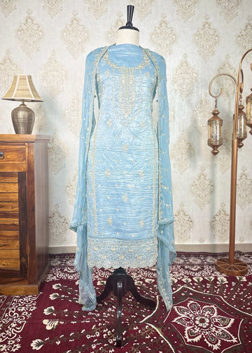 Blue Cursh Tissue Zari Work Dress Material