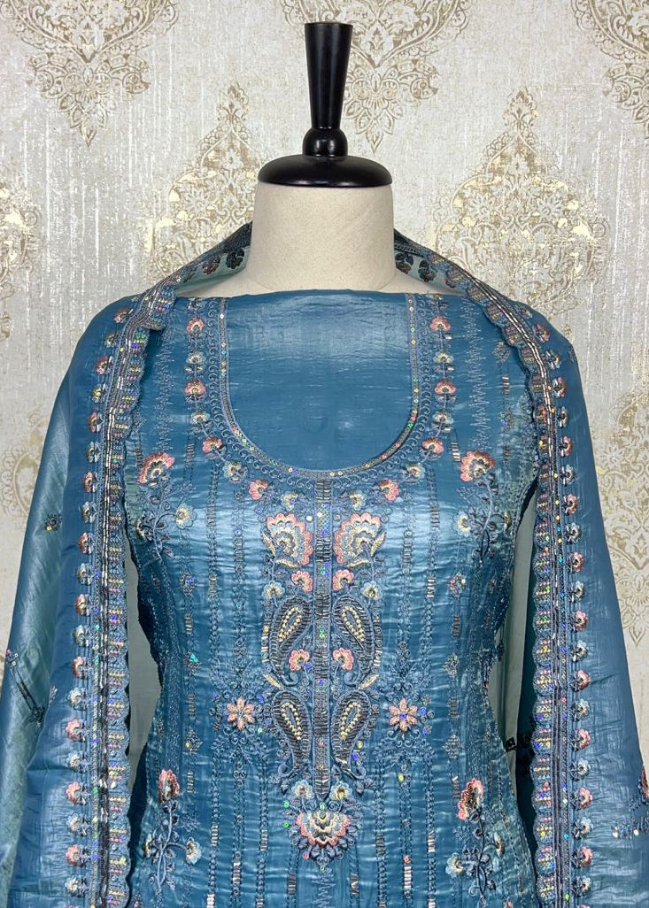 Blue Crush Tissue Breathable Dress Material