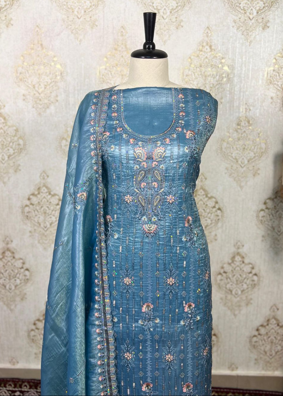 Blue Crush Tissue Breathable Dress Material