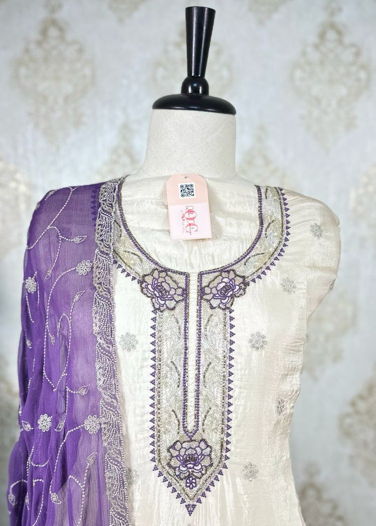 Creme-Purple Crepe Dress Material
