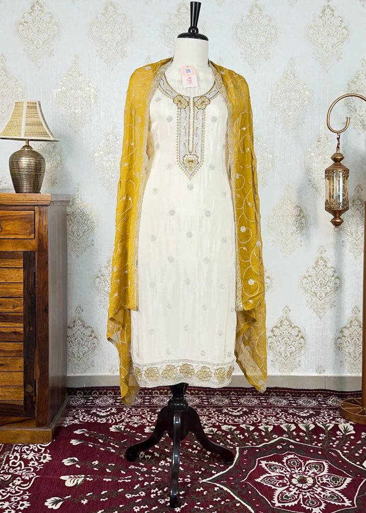 Creme-Mustard Crepe Dress Material