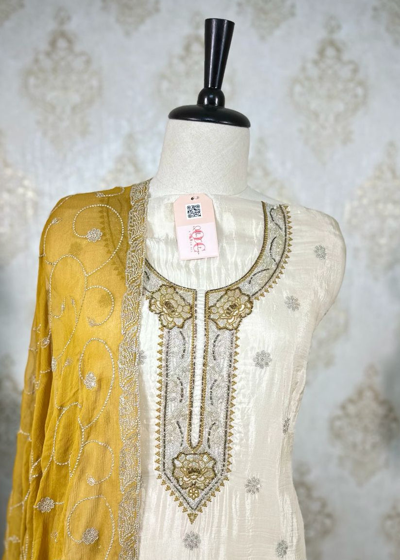 Creme-Mustard Crepe Dress Material