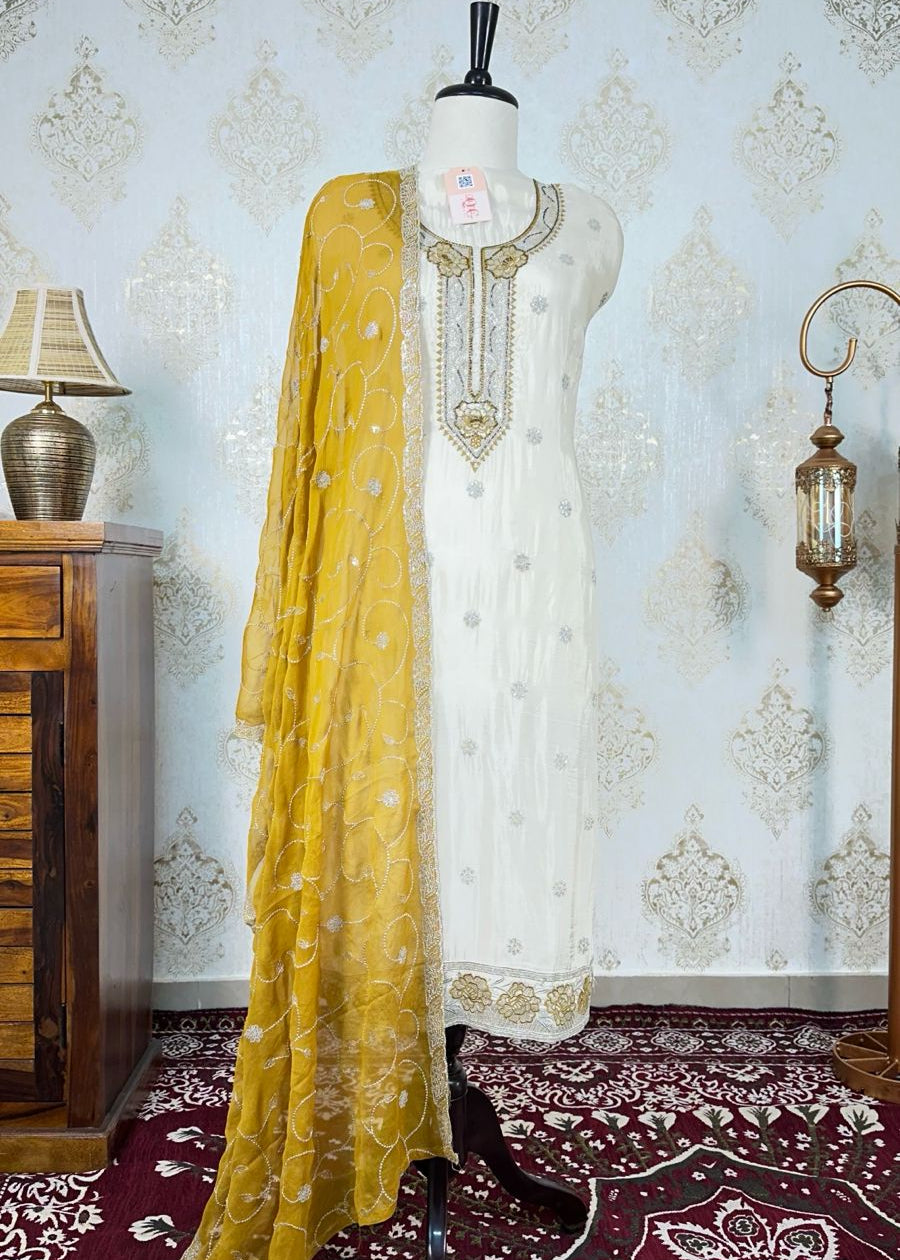 Creme-Mustard Crepe Dress Material