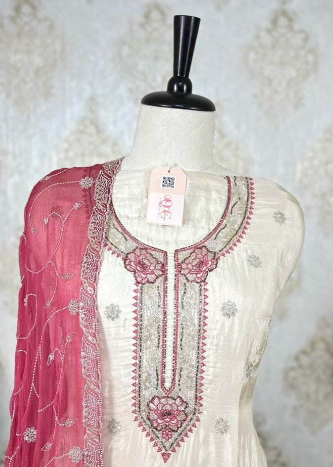 Creme-Red Crepe Dress Material