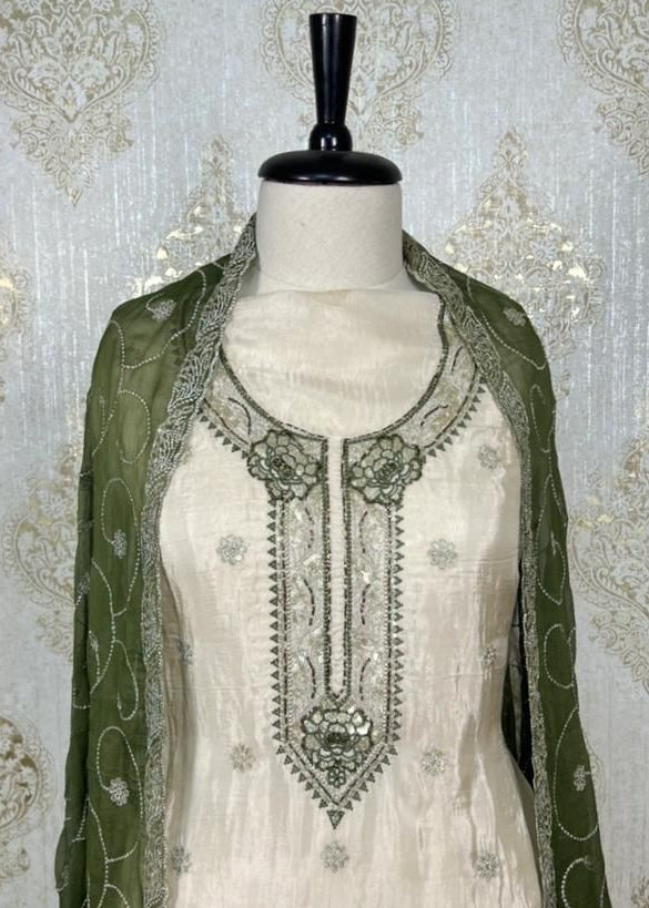 Creme-Green Crepe Dress Material